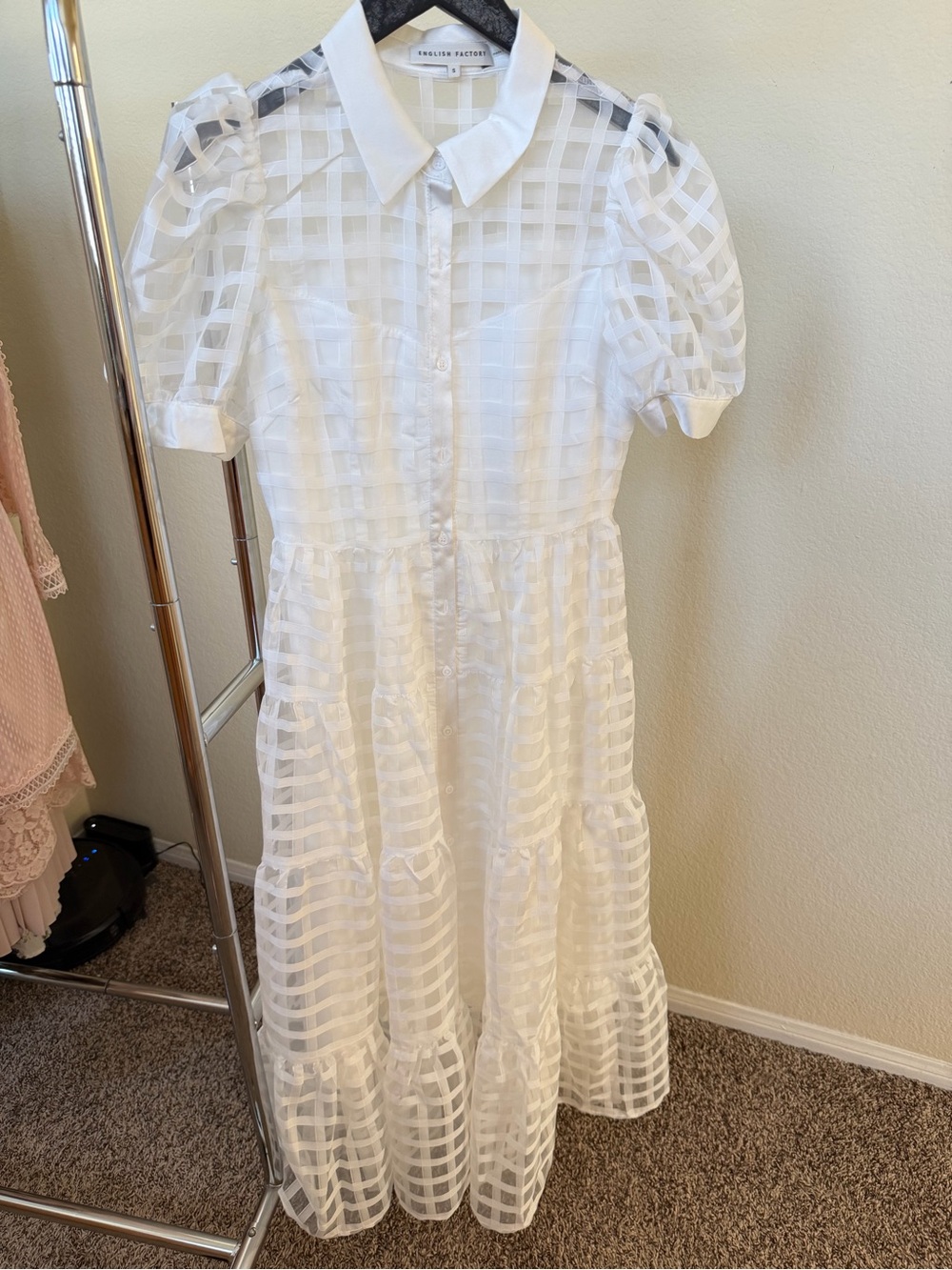 English Factory White Sheer Check Midi Dress with Collar